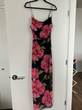 persaya black and pink floral mesh maxi dress